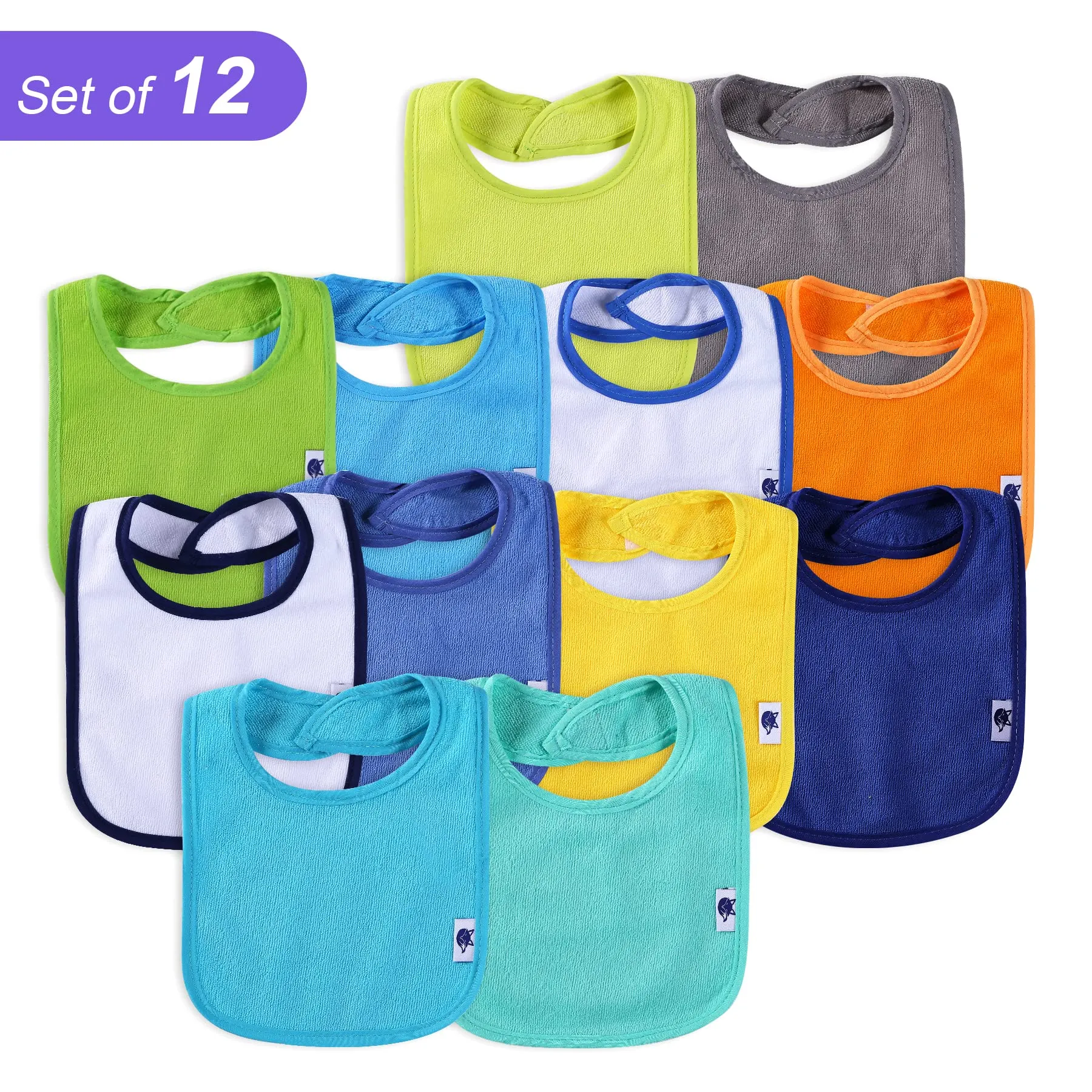 12 Pack Terry Drool Cotton Bibs, Unisex Baby Bibs with Fiber Filling Waterproof for Feeding, Teething, Drooling Boy