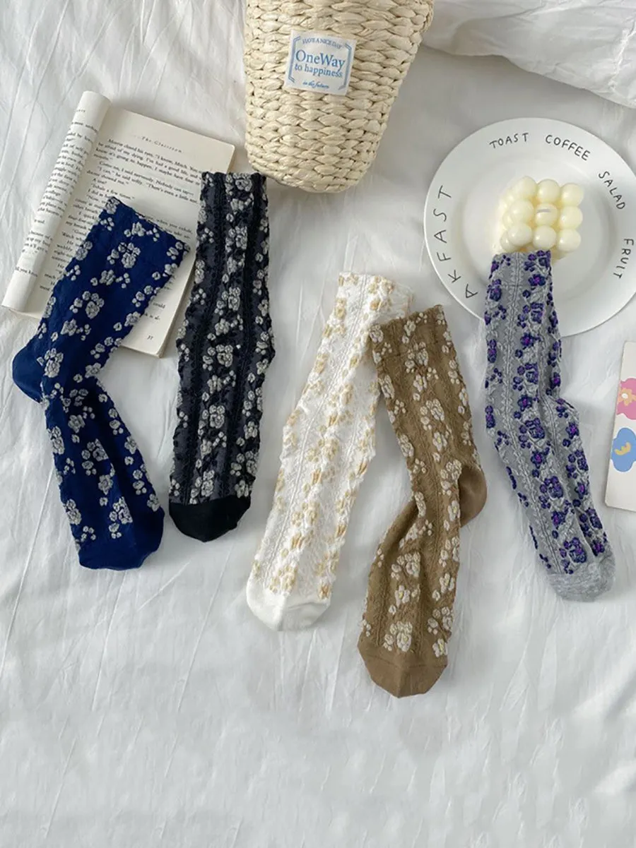 5 Pairs Women Artsy Floral Cotton Socks