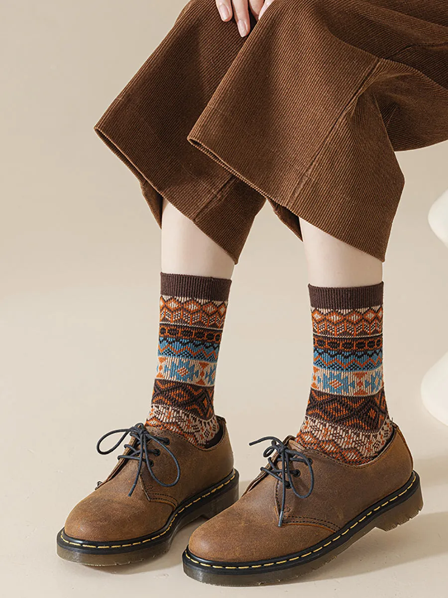 5 Pairs Women Ethnic Geometric Knit Cotton Socks