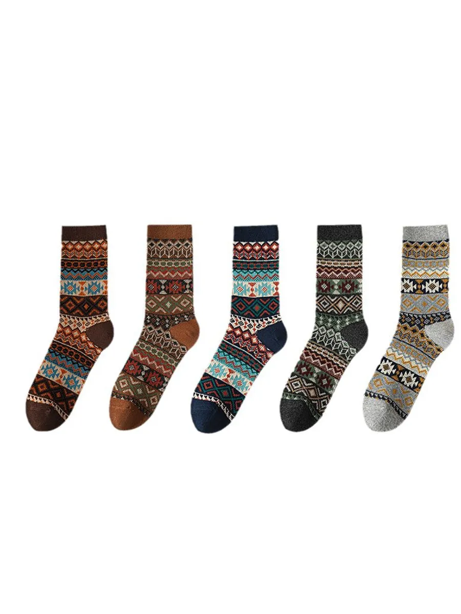 5 Pairs Women Ethnic Geometric Knit Cotton Socks
