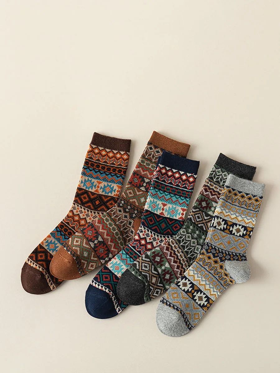 5 Pairs Women Ethnic Geometric Knit Cotton Socks