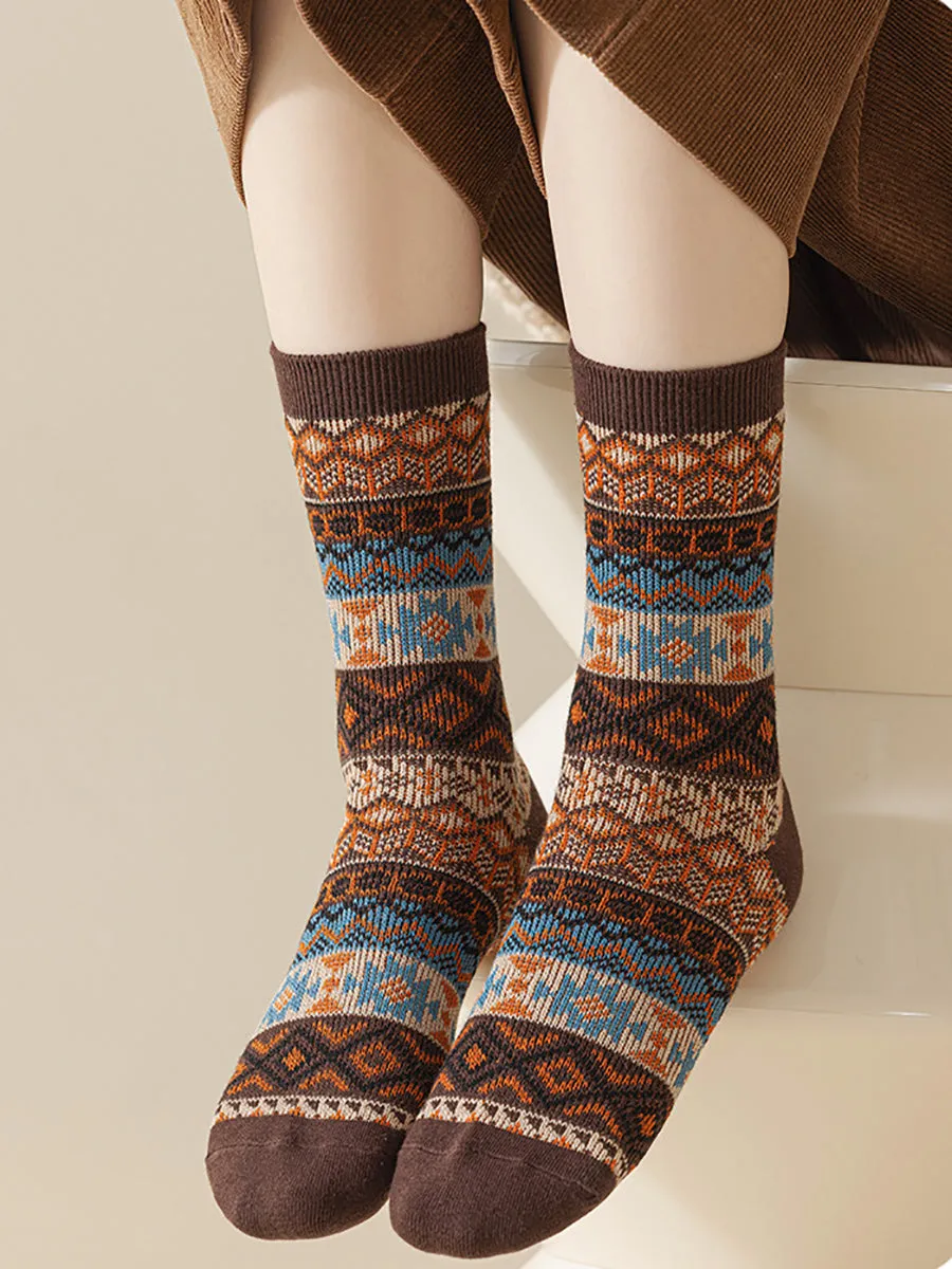 5 Pairs Women Ethnic Geometric Knit Cotton Socks