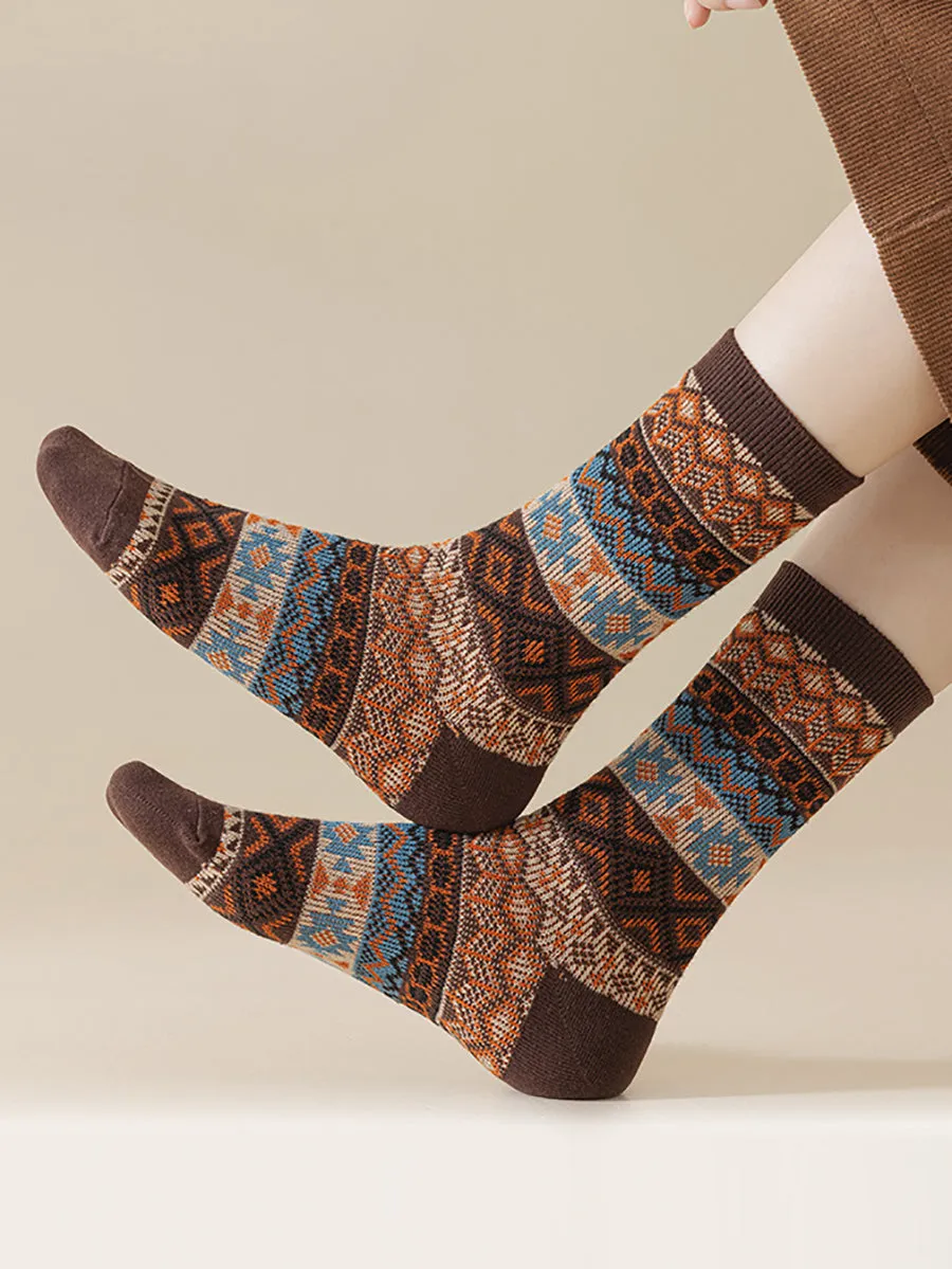 5 Pairs Women Ethnic Geometric Knit Cotton Socks