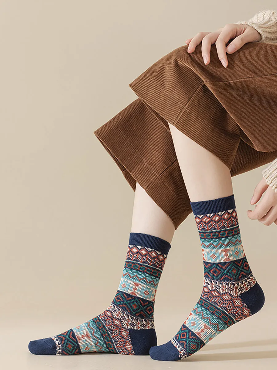 5 Pairs Women Ethnic Geometric Knit Cotton Socks