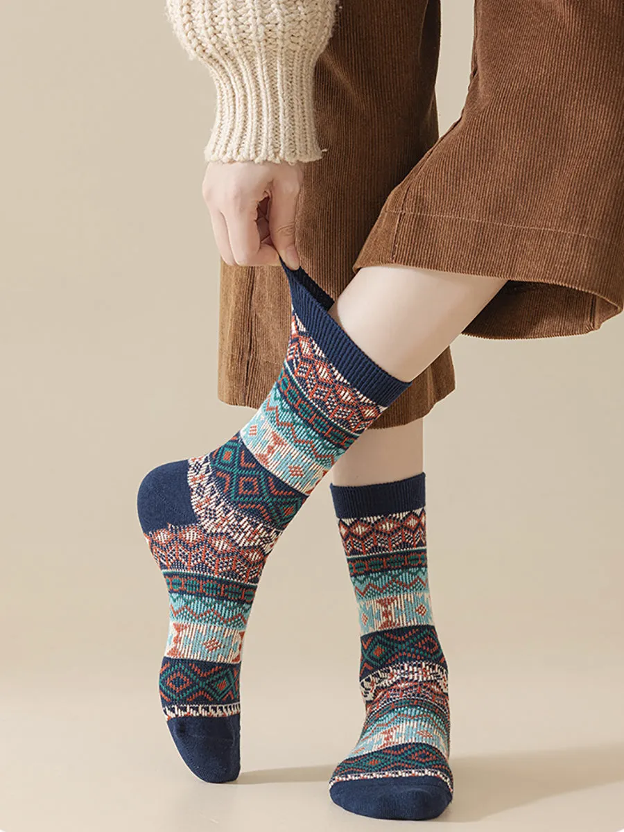 5 Pairs Women Ethnic Geometric Knit Cotton Socks
