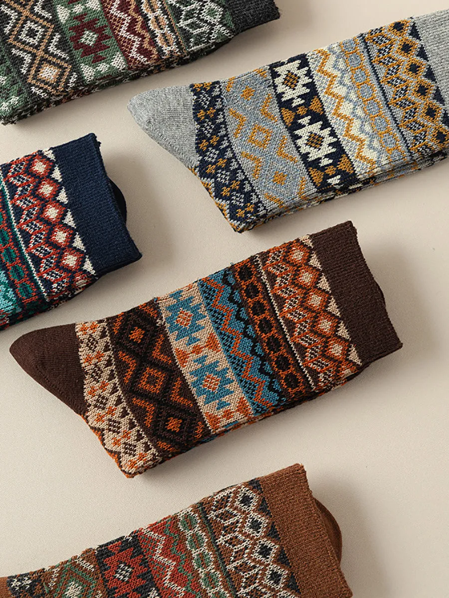5 Pairs Women Ethnic Geometric Knit Cotton Socks