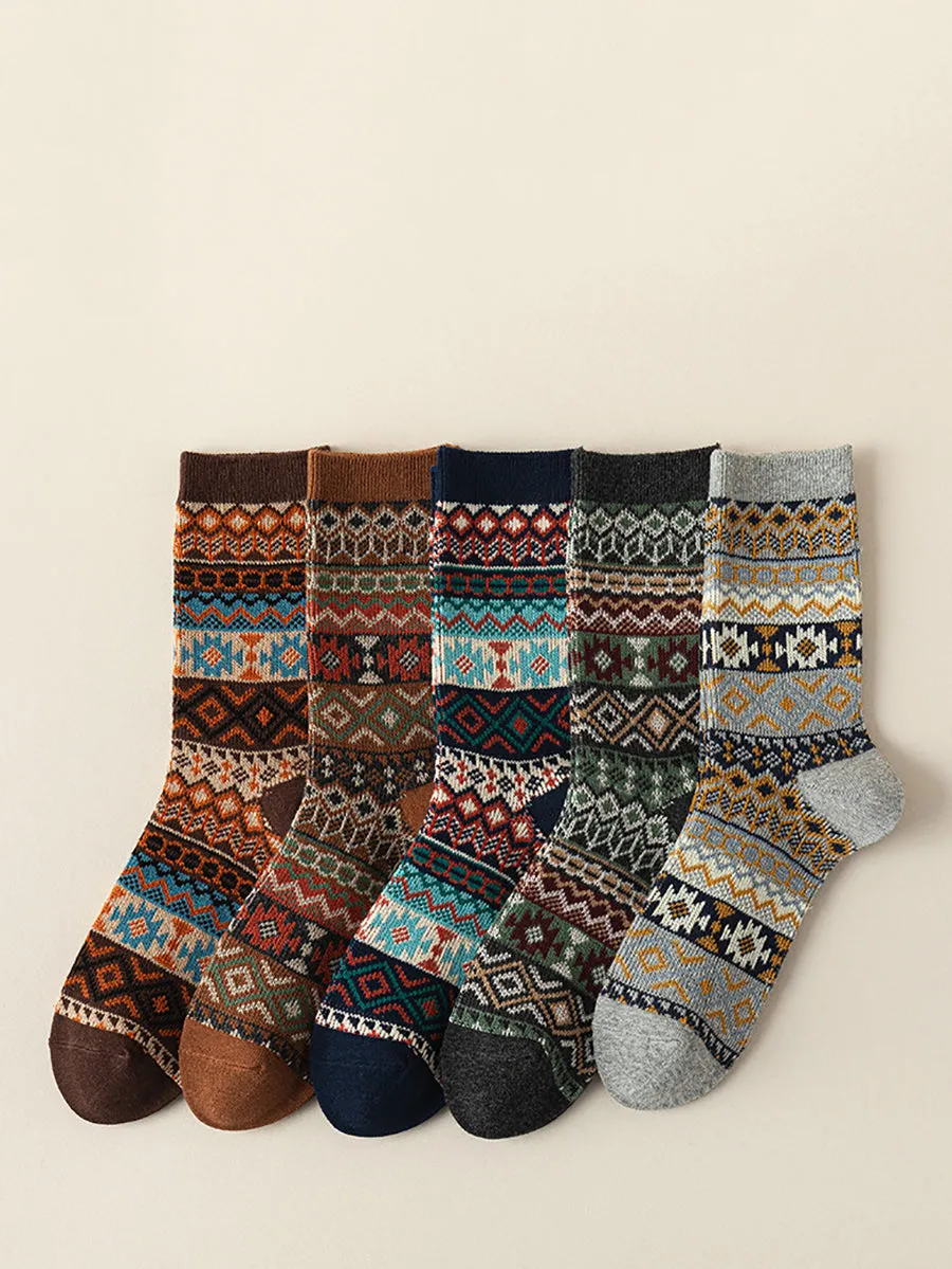5 Pairs Women Ethnic Geometric Knit Cotton Socks