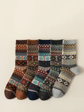 5 Pairs Women Ethnic Geometric Knit Cotton Socks