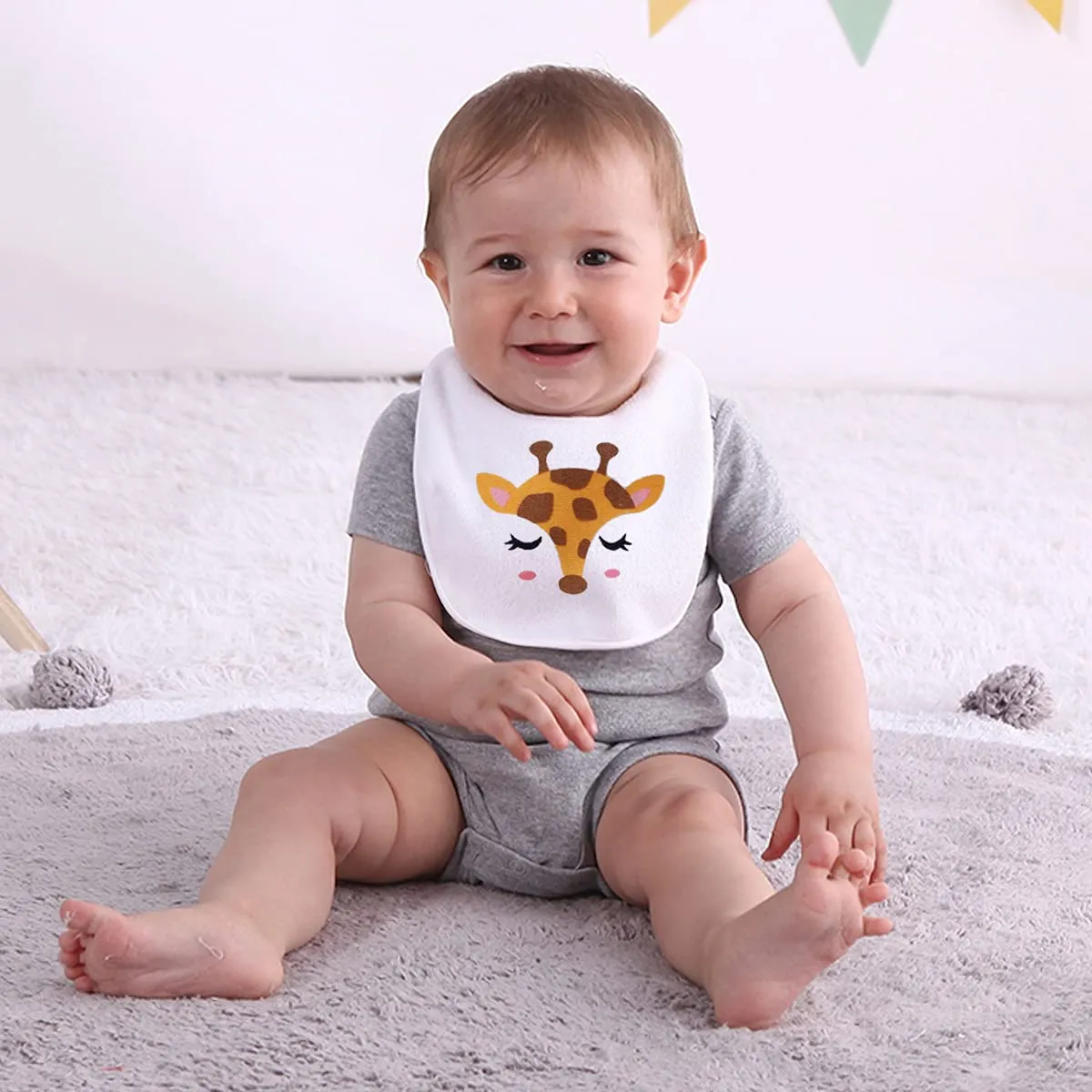 7 Pack Cotton Terry Waterproof Baby Bibs with Snaps for Girl Boy Unisex, Drool,Eating and Teething Bibs Multi1