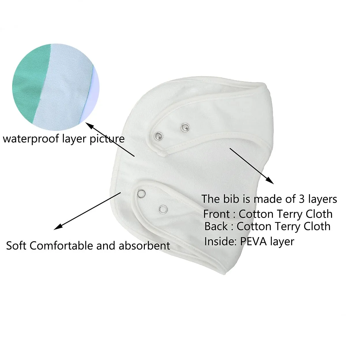 7 Pack Cotton Terry Waterproof Baby Bibs with Snaps for Girl Boy Unisex, Drool,Eating and Teething Bibs Multi1