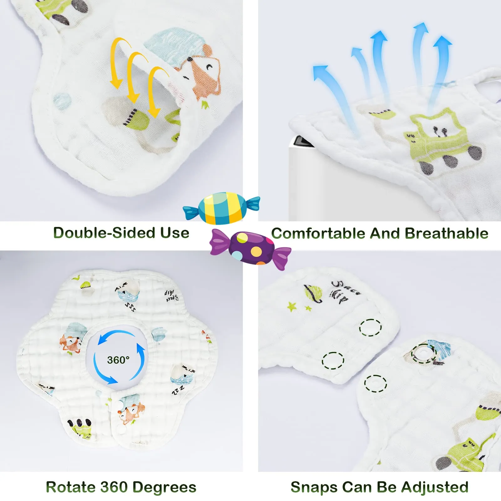 8-Pack 360° Rotate Organic Cotton Baby Bibs, Newborn Muslin Bibs For Teething And Drooling,Unisex Baby Bibs For Toddler, Adjustable With Snaps, Super Soft & Absorbent Baby Bibs For Boys And Girls.