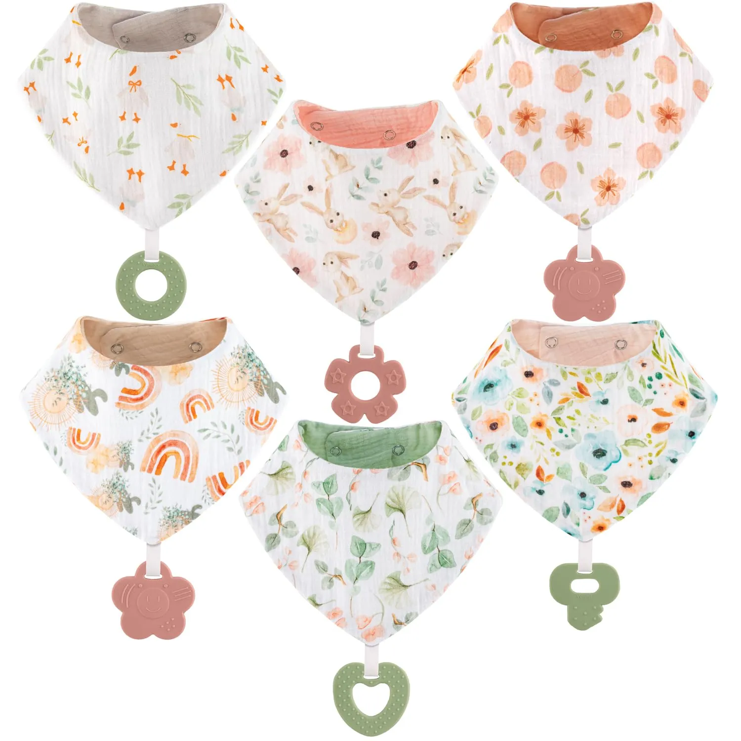 Baby Bandana Drool Bibs 6-Pack and Teething Toys 6-Pack Made with 100% Organic Cotton, Absorbent and Soft Unisex Muslin Bibs Pattern Girlsl