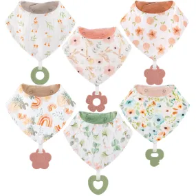 Baby Bandana Drool Bibs 6-Pack and Teething Toys 6-Pack Made with 100% Organic Cotton, Absorbent and Soft Unisex Muslin Bibs Pattern Girlsl
