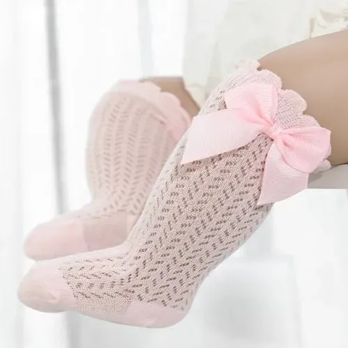 Baby Girl Bow Socks-Cotton Mesh Knee Socks for Newborns &Toddlers 0-2T