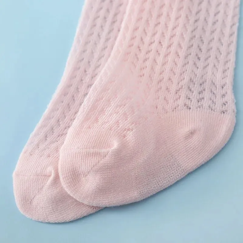 Baby Girl Bow Socks-Cotton Mesh Knee Socks for Newborns &Toddlers 0-2T