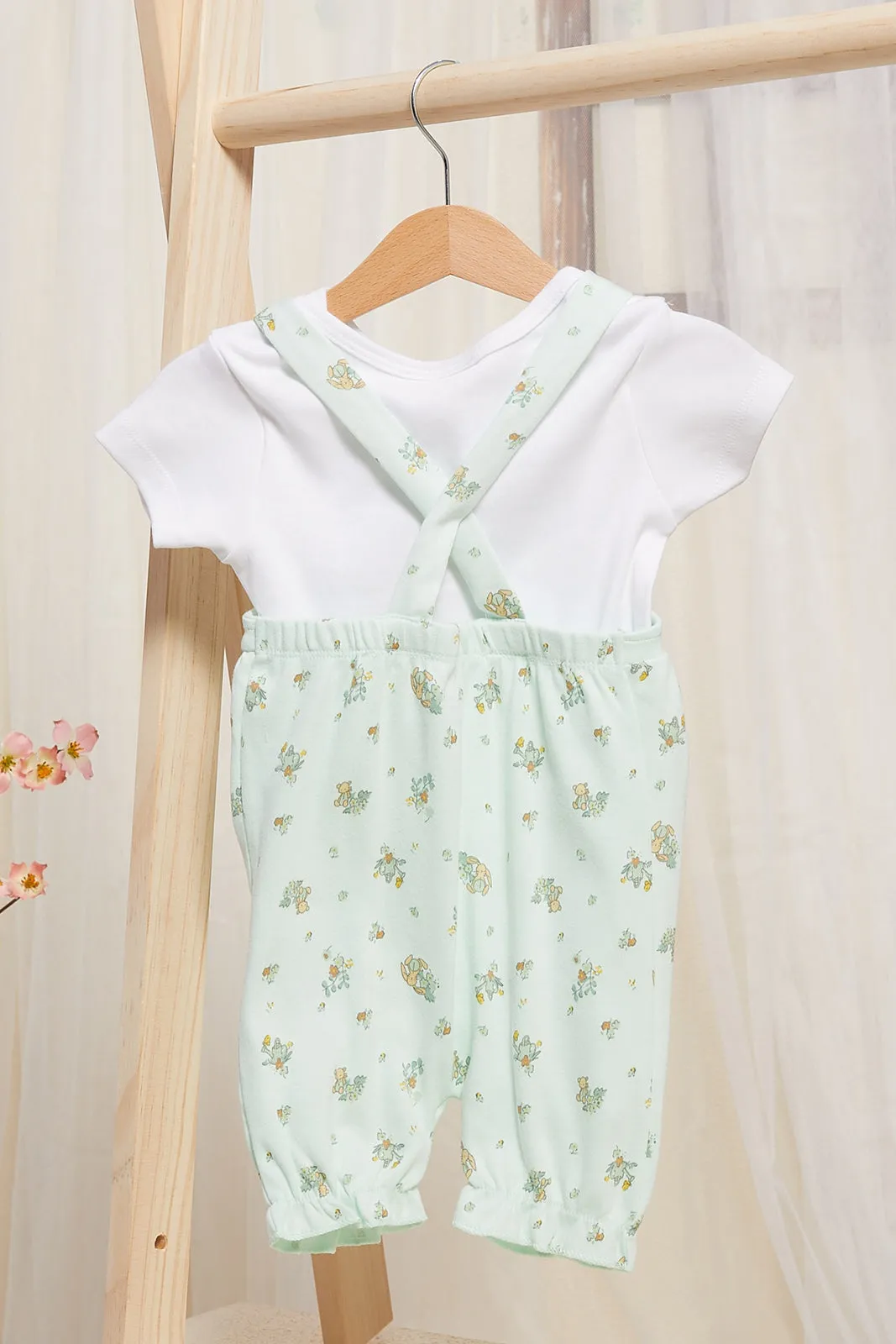Baby Mint And White T-Shirt And Dungaree Set (2 Piece)
