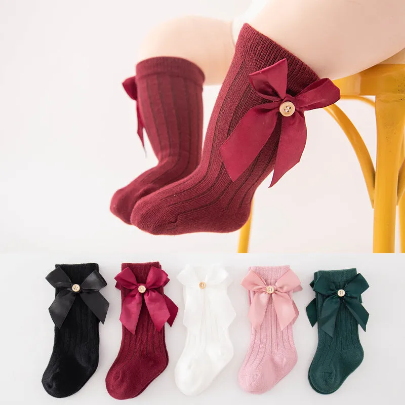 Baby / Toddler Pure Color Button Bow Decor Tube Socks