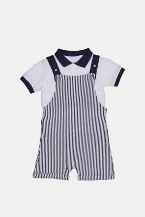 Baby White And Blue Striped Dungaree With Polo Shirt Set (2 Piece)