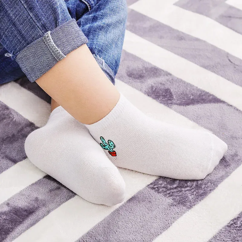 Boys Girls Cotton Socks School Kids Crew White Watermelon Cactus Pineapple Fruit Pattern Casual Sweet Cute