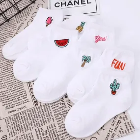 Boys Girls Cotton Socks School Kids Crew White Watermelon Cactus Pineapple Fruit Pattern Casual Sweet Cute