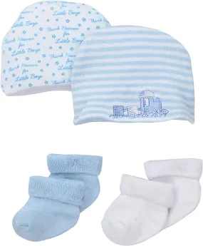 Brand new in slightly damaged packaging! Little Me Baby Beanies & Baby Socks Set, 4 piece!