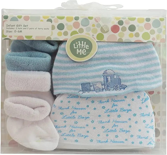 Brand new in slightly damaged packaging! Little Me Baby Beanies & Baby Socks Set, 4 piece!