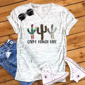 Can't Touch This Funny Cactus Novelty Bella White Marble Unisex V Neck T-Shirt