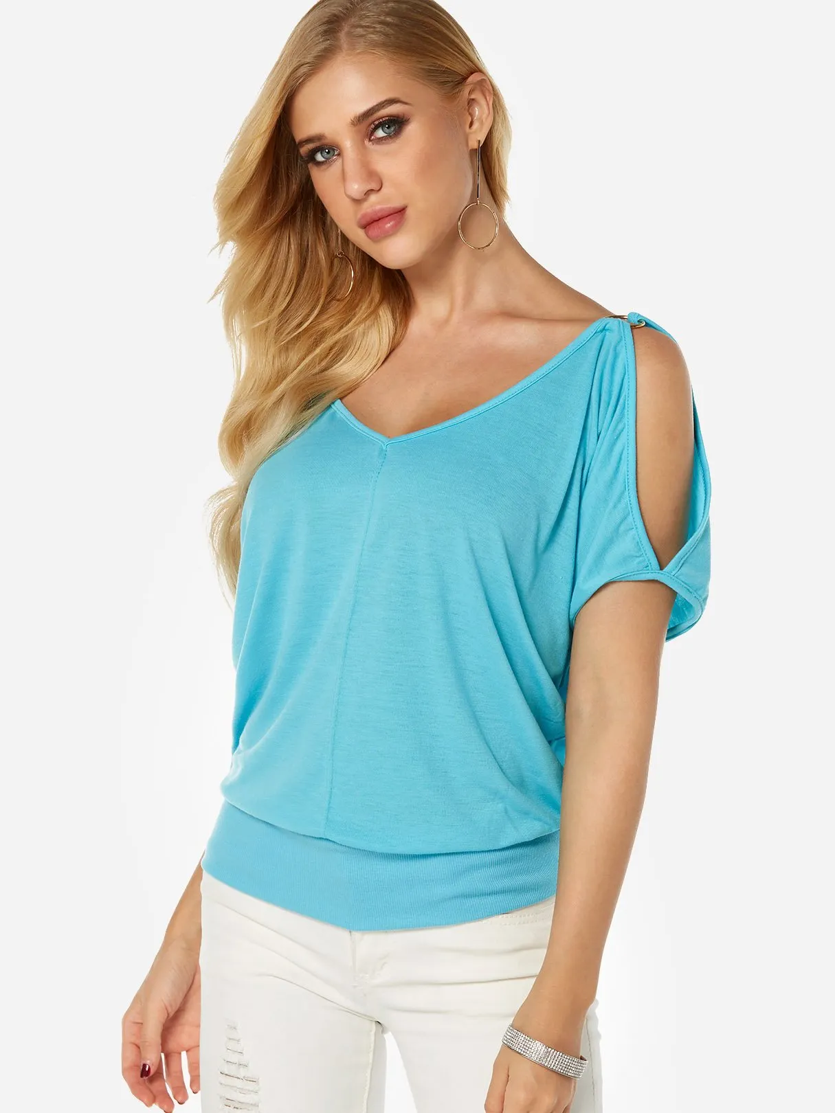 Custom Cold Shoulder Plain Short Sleeve Blue T-Shirts