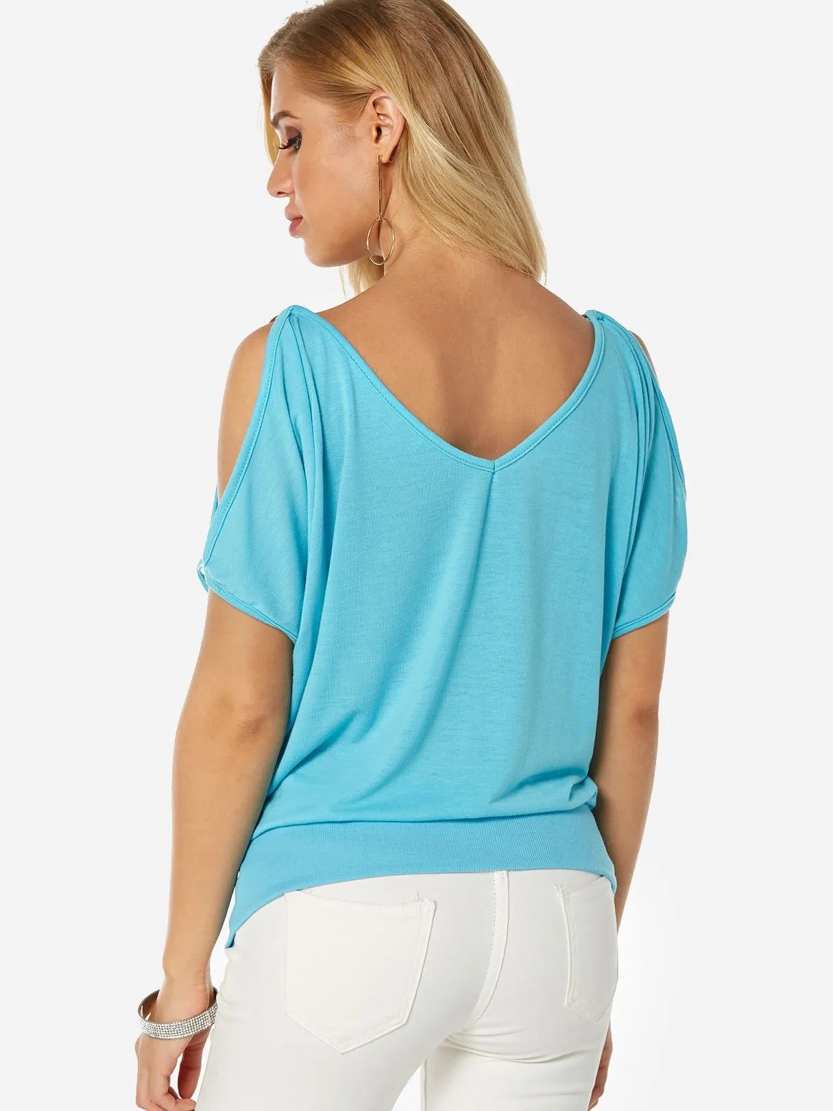 Custom Cold Shoulder Plain Short Sleeve Blue T-Shirts