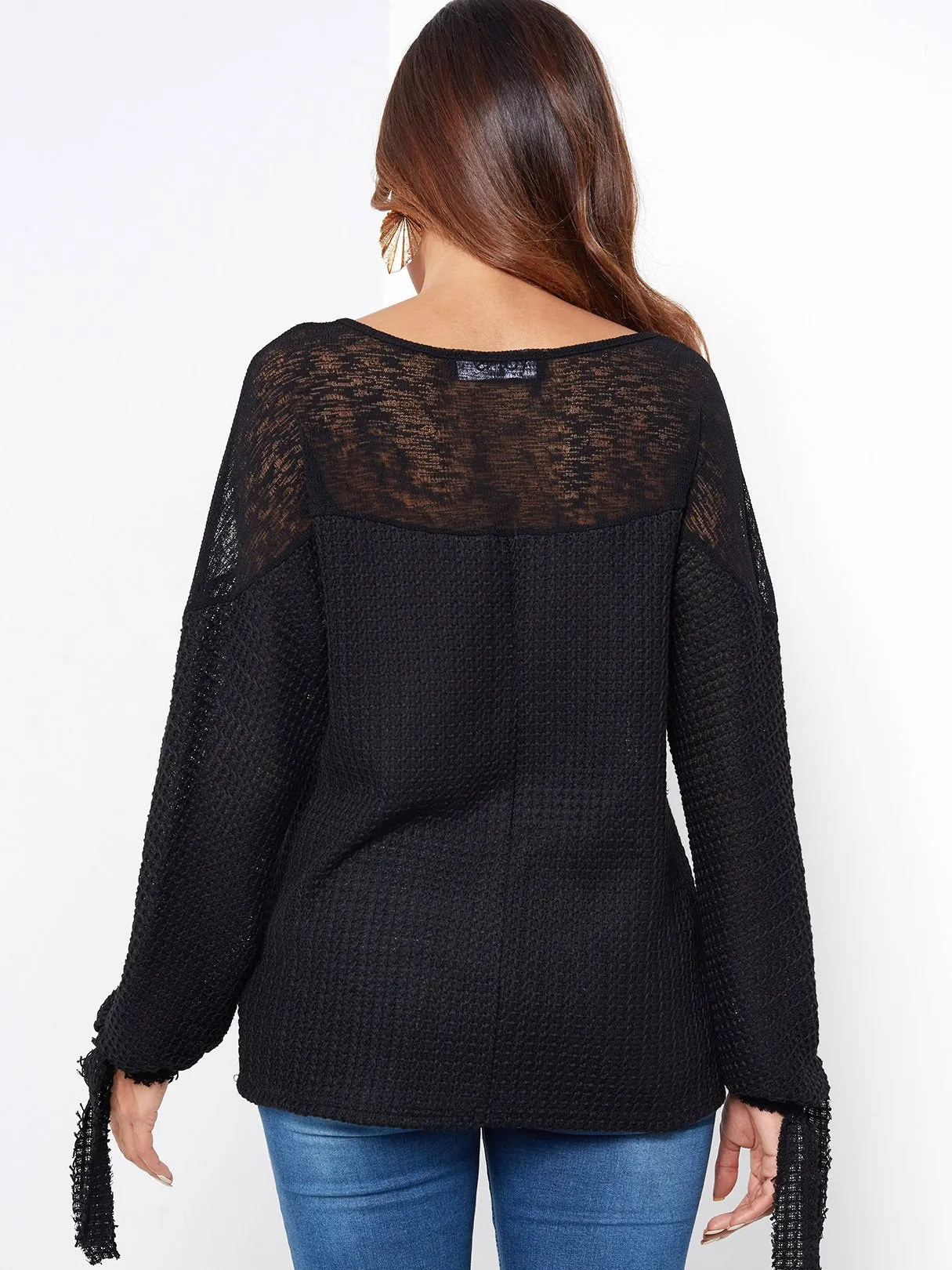 Custom Crew Neck Plain Tie-Up Long Sleeve Black T-Shirts