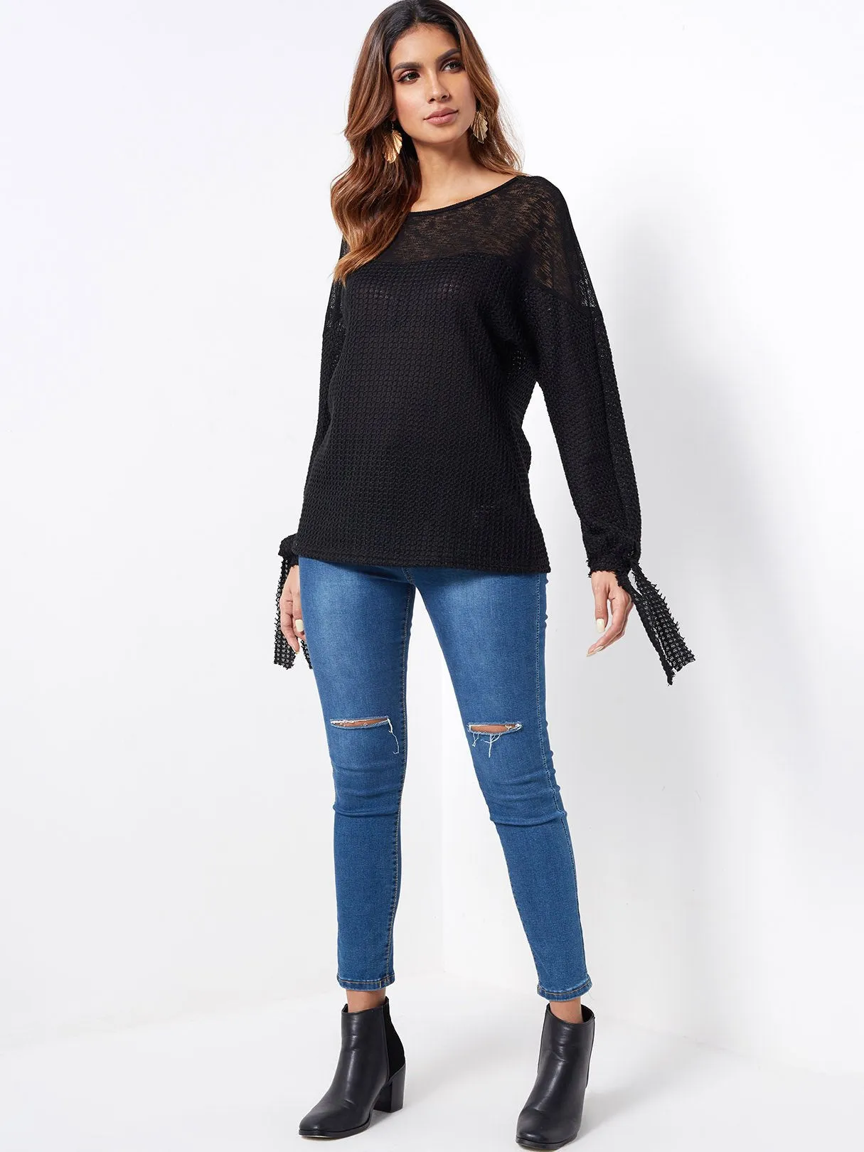 Custom Crew Neck Plain Tie-Up Long Sleeve Black T-Shirts