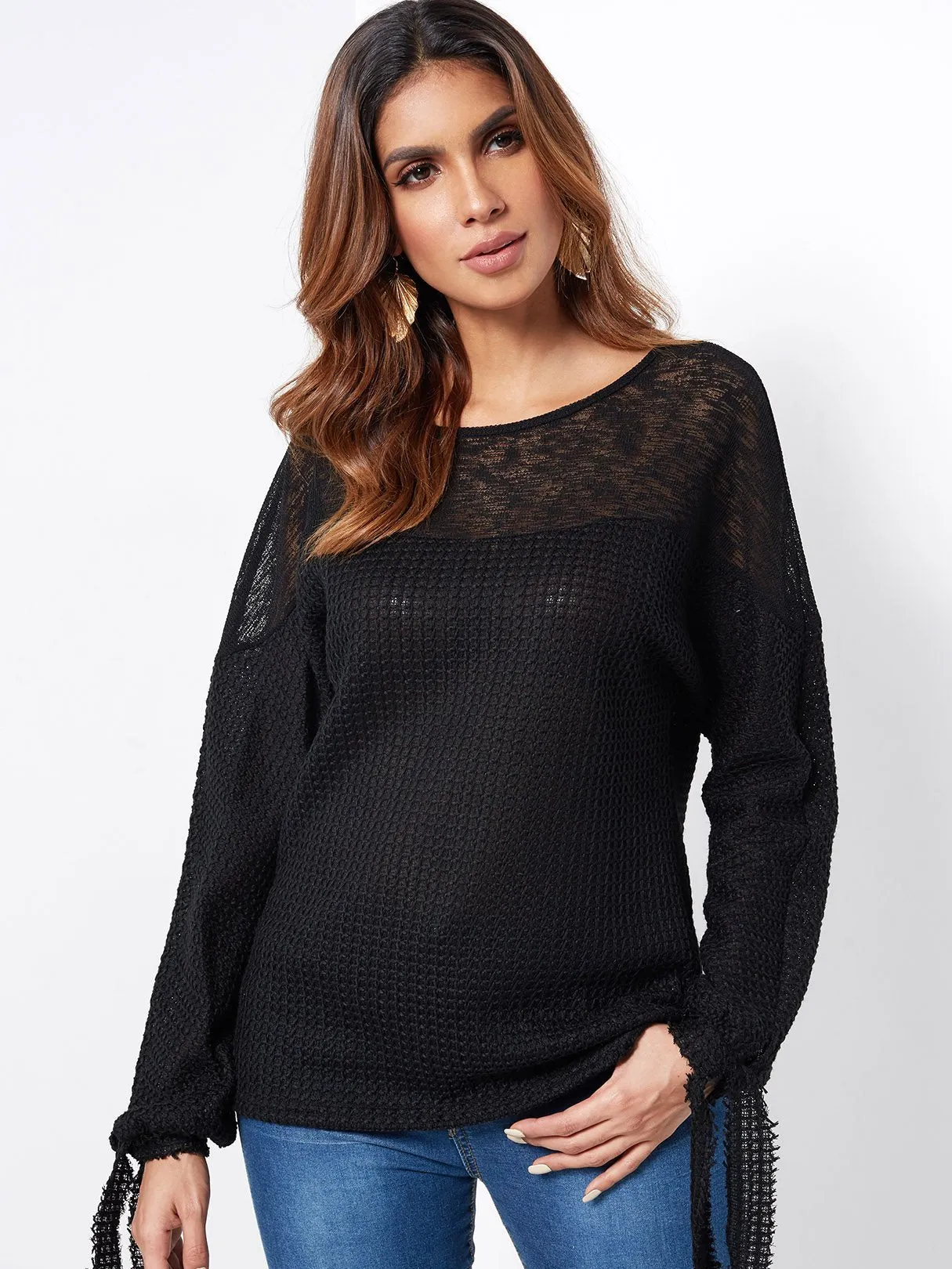 Custom Crew Neck Plain Tie-Up Long Sleeve Black T-Shirts