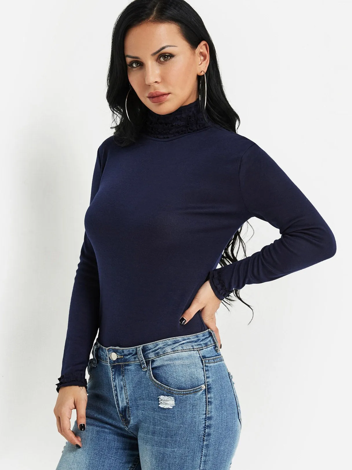 Custom Perkins Collar Plain Pleated Long Sleeve T-Shirts