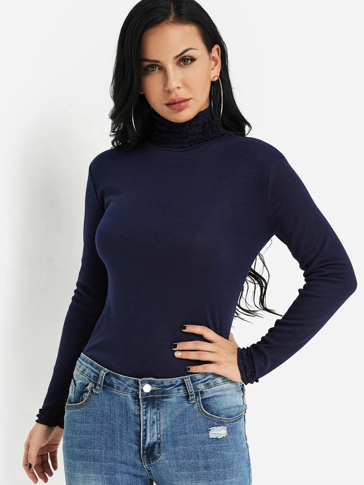 Custom Perkins Collar Plain Pleated Long Sleeve T-Shirts