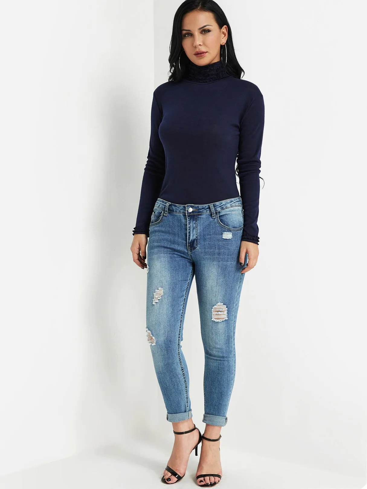 Custom Perkins Collar Plain Pleated Long Sleeve T-Shirts