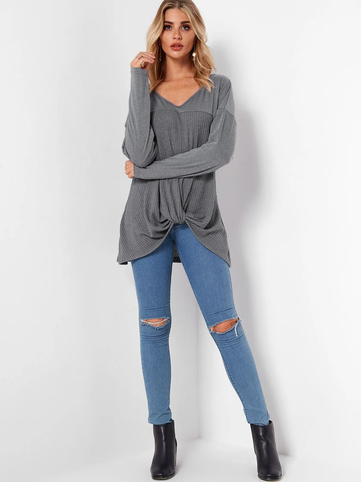 Custom V-Neck Plain Long Sleeve Irregular Hem Grey T-Shirts