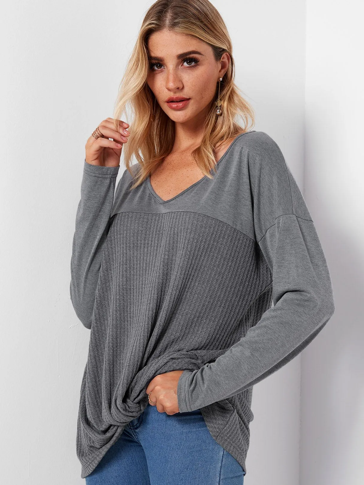 Custom V-Neck Plain Long Sleeve Irregular Hem Grey T-Shirts