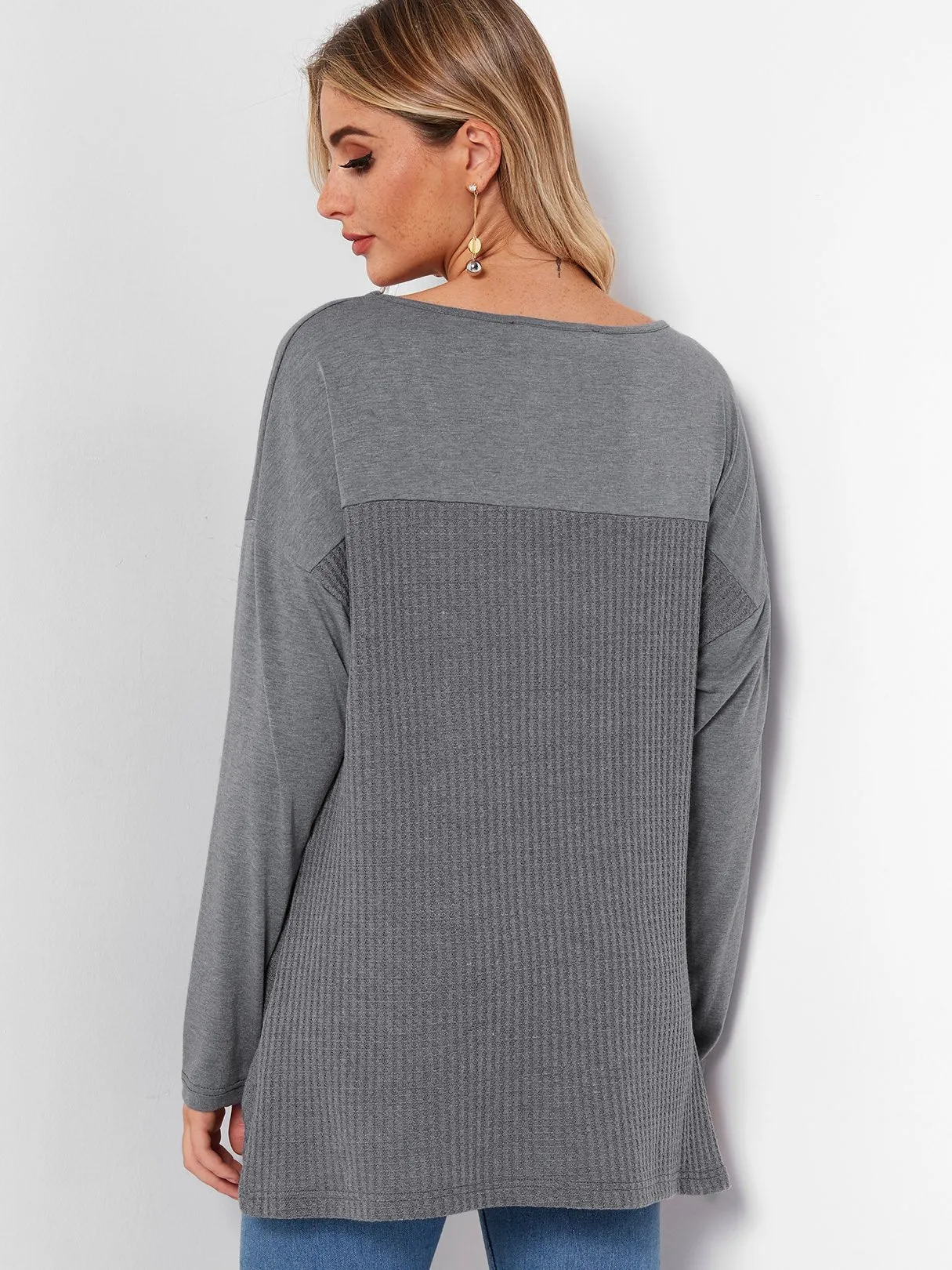 Custom V-Neck Plain Long Sleeve Irregular Hem Grey T-Shirts