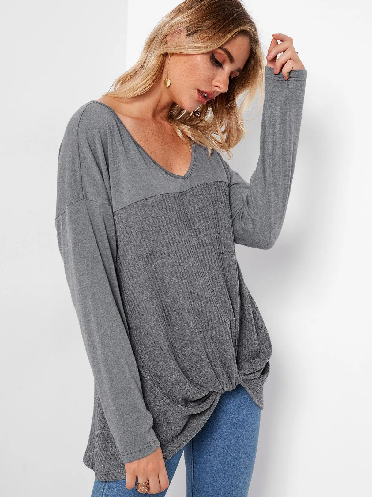 Custom V-Neck Plain Long Sleeve Irregular Hem Grey T-Shirts