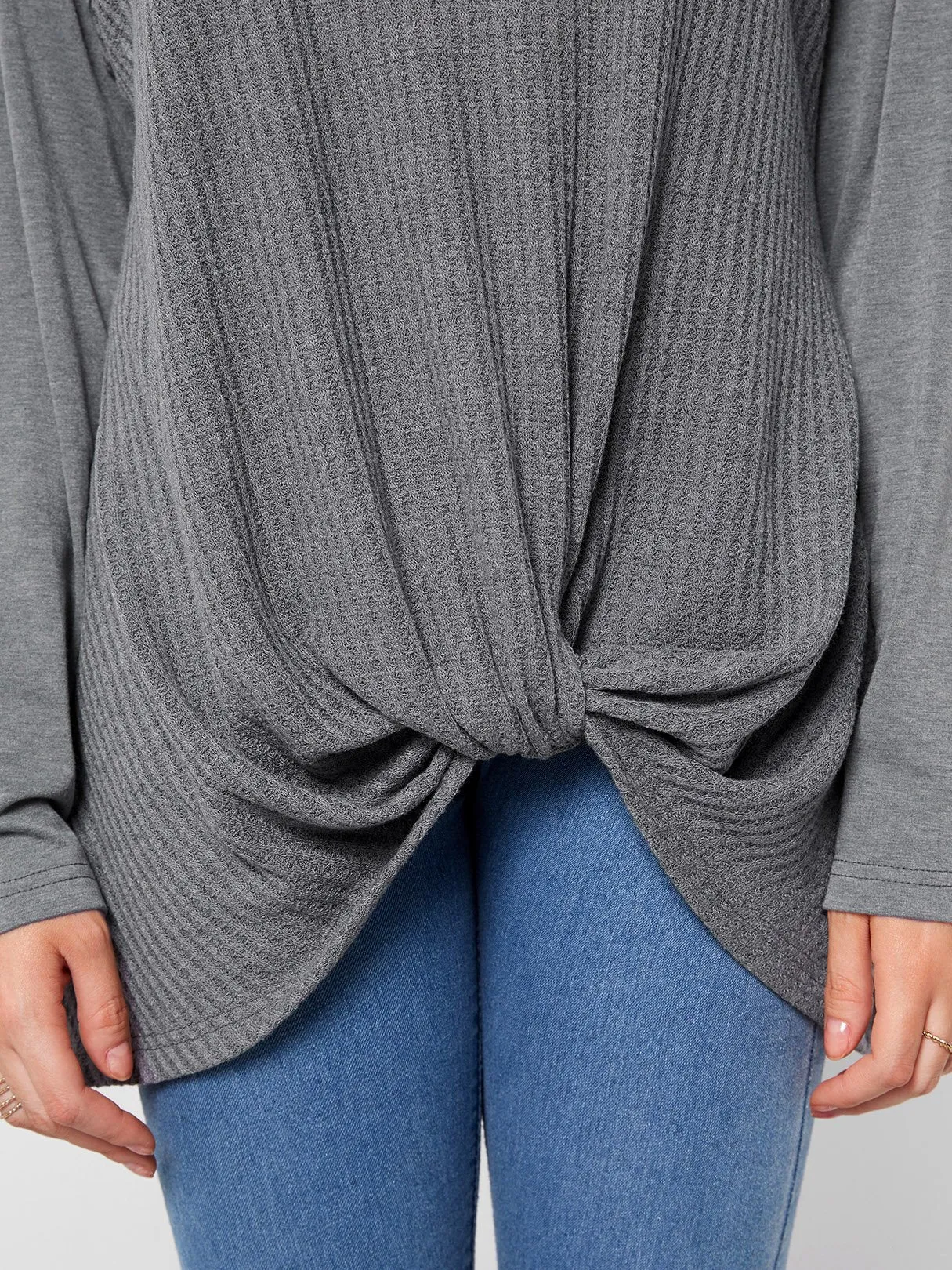 Custom V-Neck Plain Long Sleeve Irregular Hem Grey T-Shirts