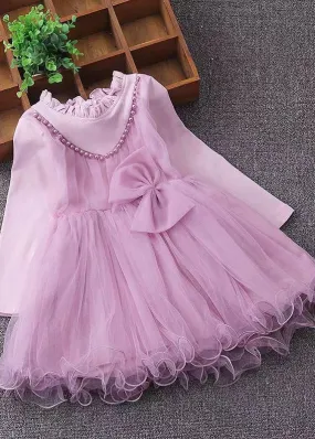 Cute Pink Ruffled Nail Bead Patchwork Tulle Baby Girls Dresses Fall ML0219