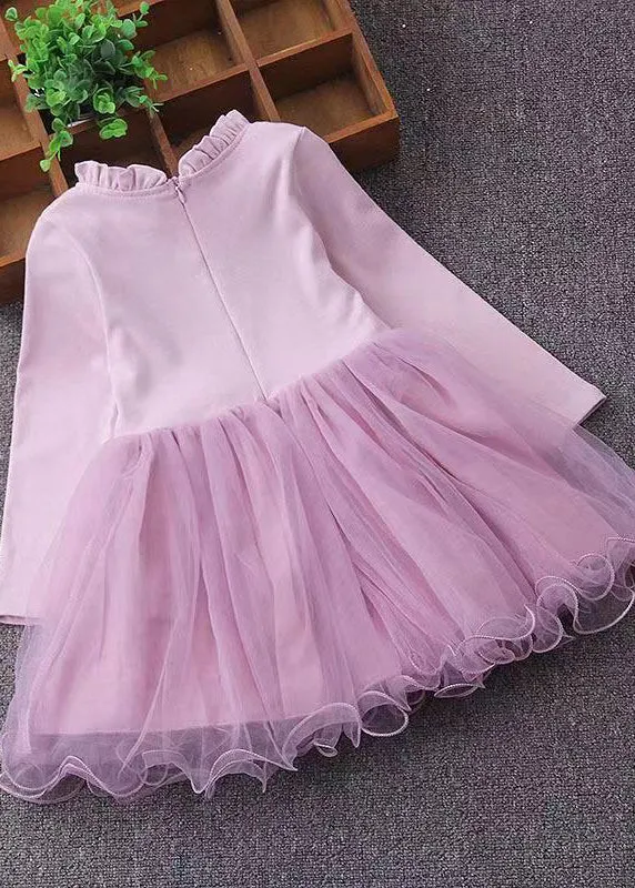 Cute Pink Ruffled Nail Bead Patchwork Tulle Baby Girls Dresses Fall ML0219