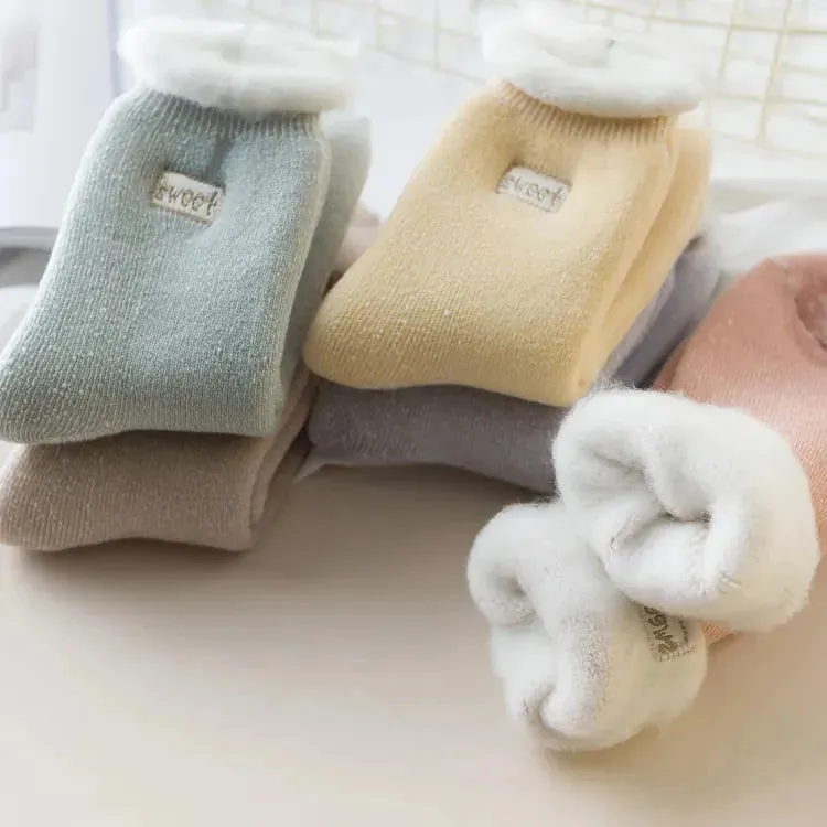 Fluffy Top Thick Tube Socks: Cute socks with an embroidered badge, ideal for colder days