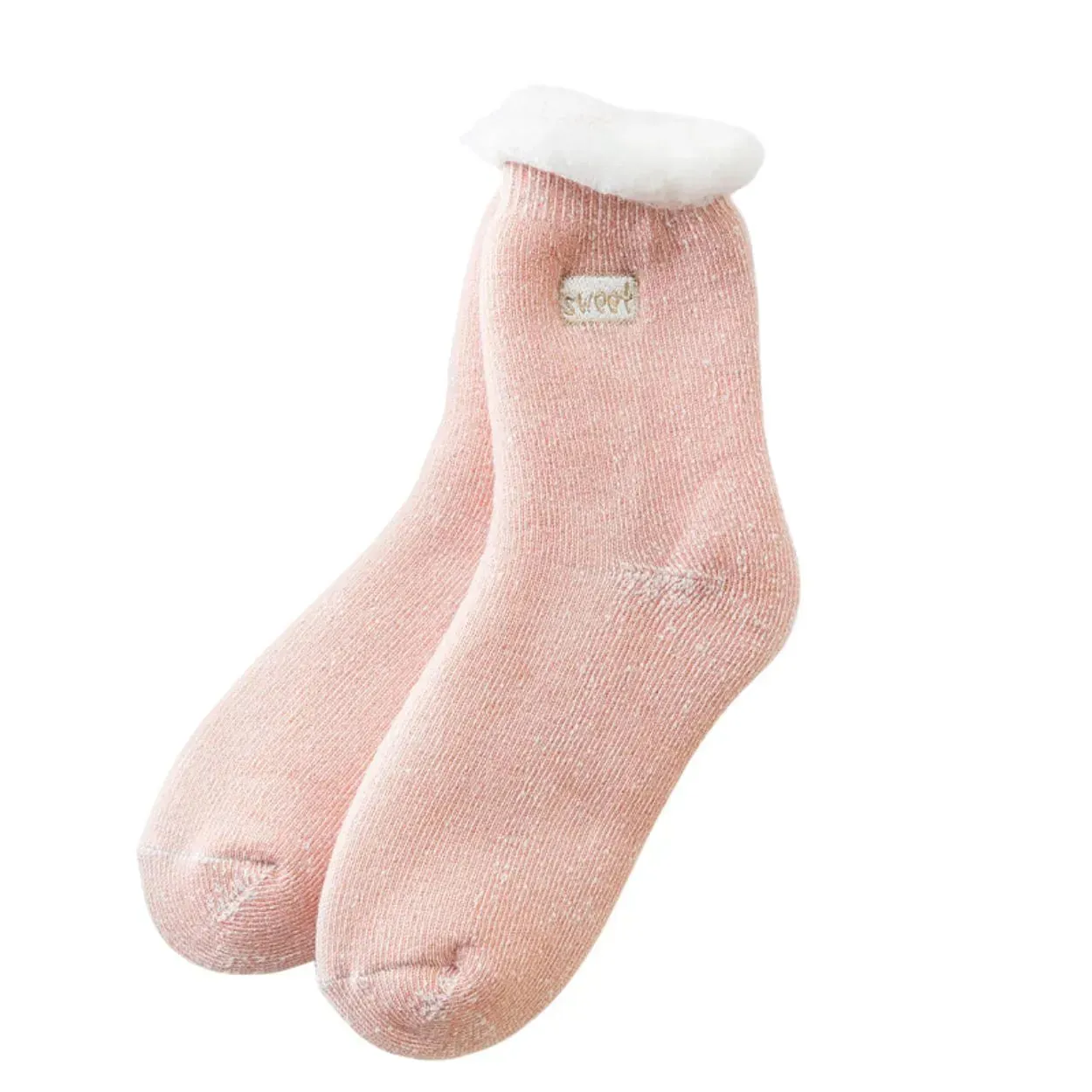 Fluffy Top Thick Tube Socks: Cute socks with an embroidered badge, ideal for colder days