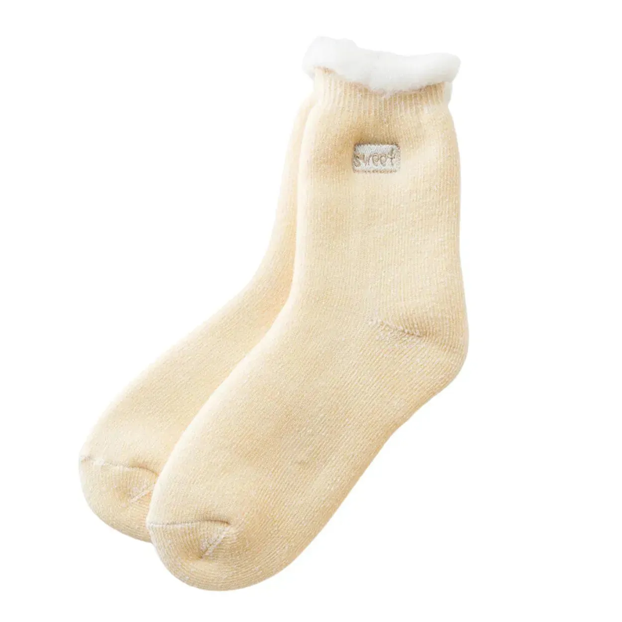 Fluffy Top Thick Tube Socks: Cute socks with an embroidered badge, ideal for colder days