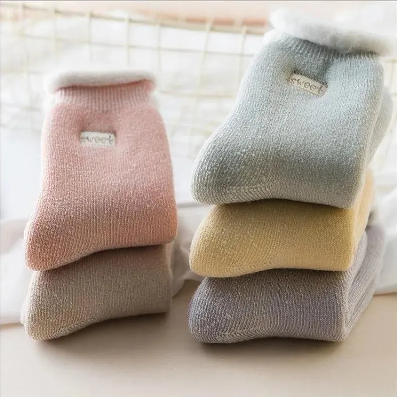 Fluffy Top Thick Tube Socks: Cute socks with an embroidered badge, ideal for colder days