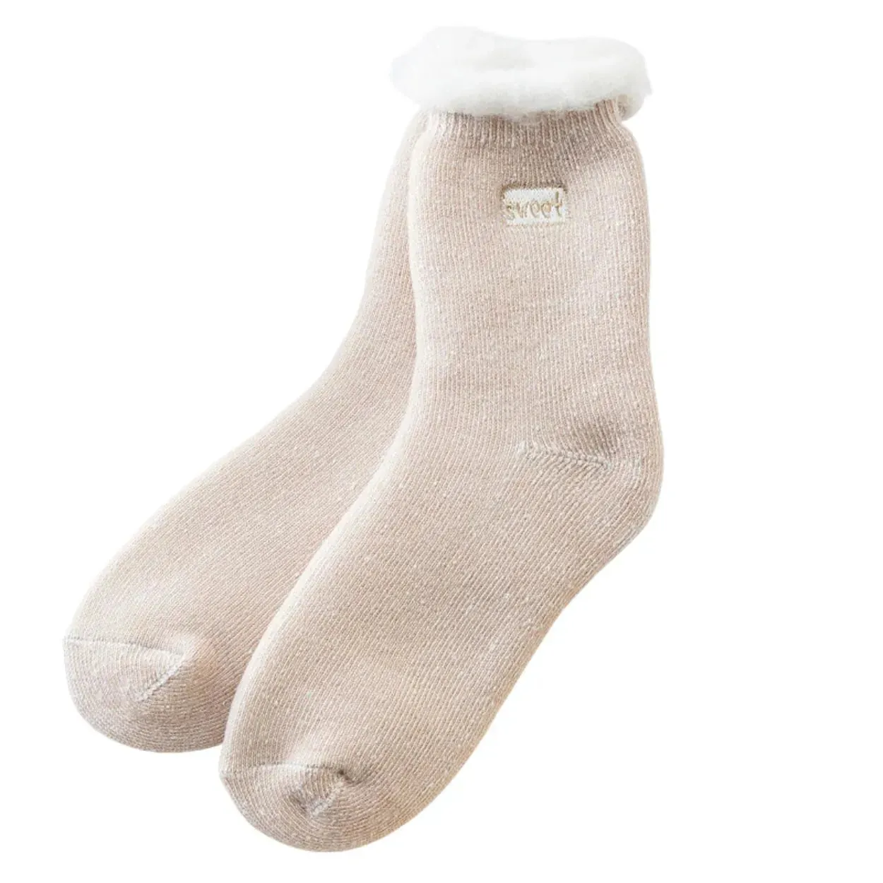 Fluffy Top Thick Tube Socks: Cute socks with an embroidered badge, ideal for colder days
