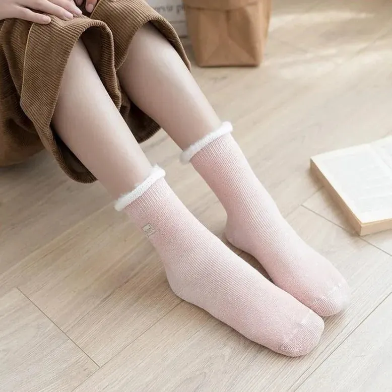 Fluffy Top Thick Tube Socks: Cute socks with an embroidered badge, ideal for colder days