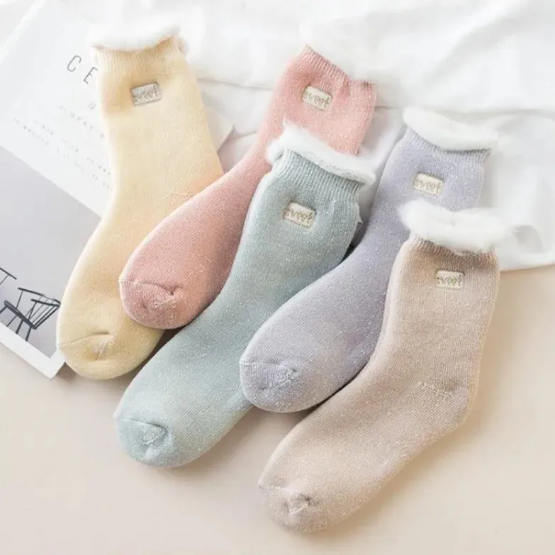 Fluffy Top Thick Tube Socks: Cute socks with an embroidered badge, ideal for colder days