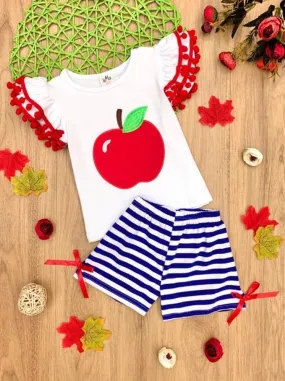 Girls Apple Pom Pom Top and Striped Shorts Set